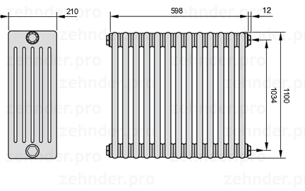 Схема (чертеж) Радиатор Zehnder Charleston 6110/13 №7610 Белый глянцевый RAL 9016
